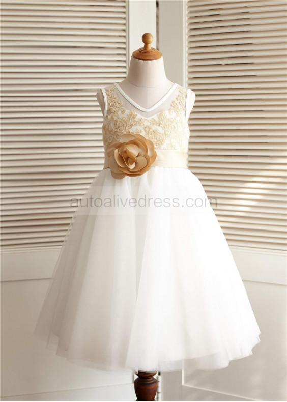 Champagne Lace Ivory Tulle Knee Length Flower Girl Dress